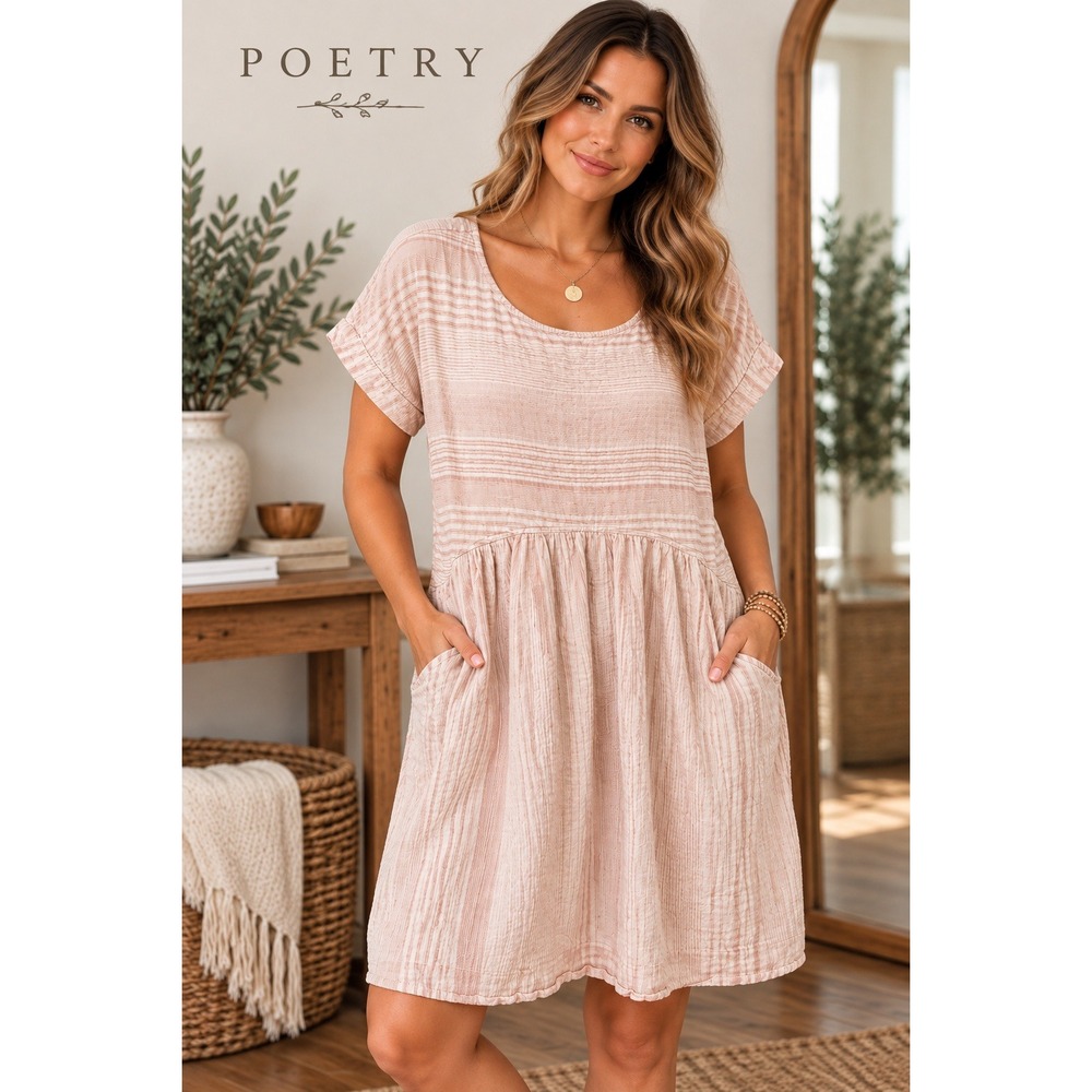 Poetry Pink Striped Hemp Organic Cotton Shift Dress Pockets Size Medium
